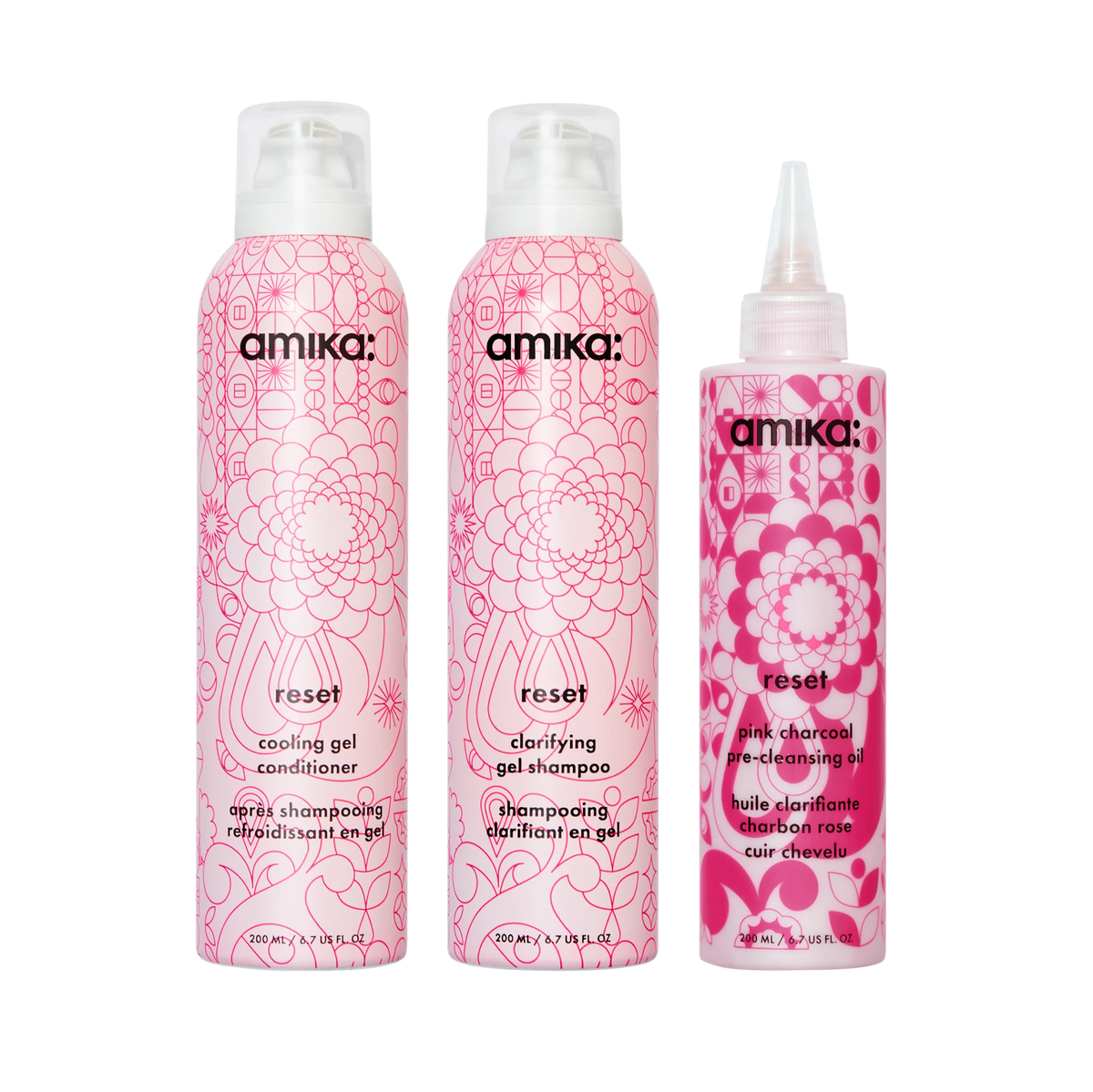 detox set | reset clarifying gel shampoo, cooling gel conditioner + pink charcoal scalp cleansing oil