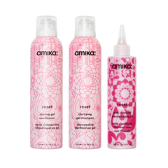 detox set | reset clarifying gel shampoo, cooling gel conditioner + pink charcoal scalp cleansing oil