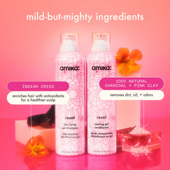 detox set | reset clarifying gel shampoo, cooling gel conditioner + pink charcoal scalp cleansing oil